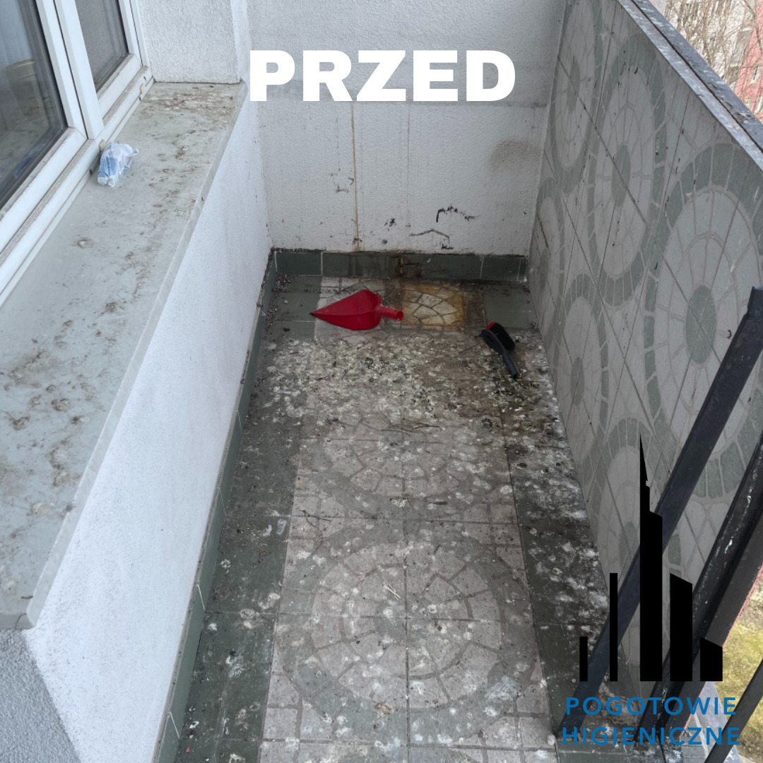 Zanieczyszczony ptasimi odchodami balkon przed czyszczeniem, widoczna czerwona szufelka i szczotka, na górze napis PRZED, w prawym dolnym rogu logo firmy.