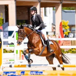 Jeździec w czarnym fraku i kasku na brązowym koniu skacze przez przeszkodę na zawodach jeździeckich, widoczne bariery z logotypami sponsor&oacute;w i publiczność w tle.