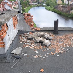 Przegląd budynku - Uszkodzony komin z cegły na dachu budynku z widokiem na rzekę i zabudowę miejską, gruz i fragmenty cegieł rozsypane wokół, widoczna antena telewizyjna.
