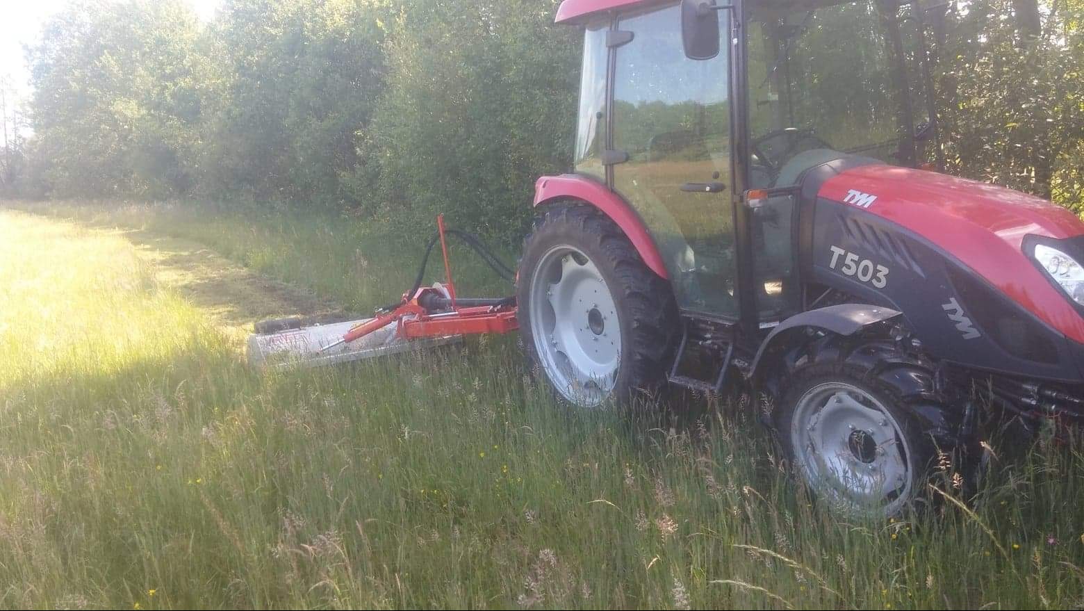 Czerwony traktor TYM T503 z kosiarką listwową tnący wysoką trawę na skraju lasu w słoneczny dzień.