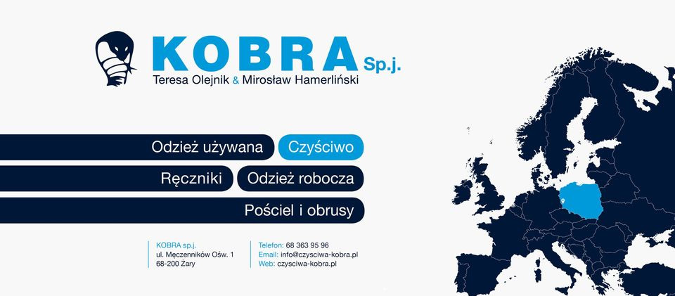 Logo firmy KOBRA Sp.j. oferującej czyściwo, odzież używaną i roboczą, ręczniki, pościel i obrusy, z mapą Europy i zaznaczoną Polską.