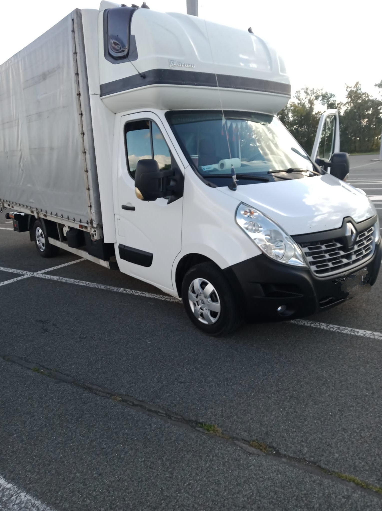 Biały samochód dostawczy Renault Master z otwartymi drzwiami kierowcy, zaparkowany na parkingu z widocznym zarysem drzew w tle.