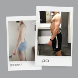 Dwa zdjęcia typu polaroid, prezentujące sylwetkę mężczyzny z profilu przed i po. Zdjęcie 'przed' ukazuje szczupłą sylwetkę w szarych spodenkach, a zdjęcie 'po' prezentuje bardziej umięśnioną...