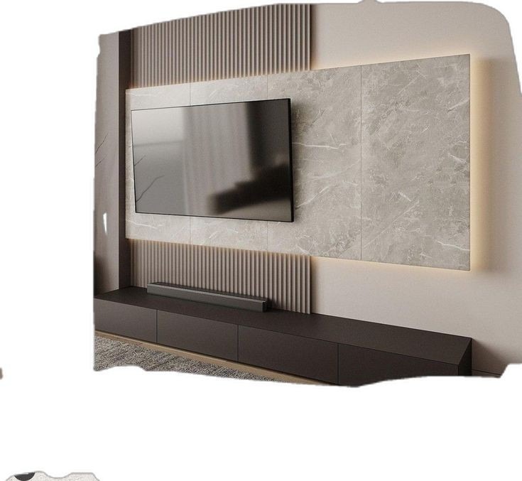 Nowoczesna ściana telewizyjna z szarymi panelami dekoracyjnymi, podświetlanym marmurem i minimalistyczną szafką RTV w ciemnym kolorze.