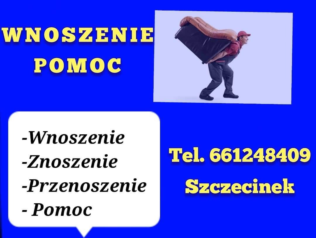 Grafika reklamowa usług wnoszenia mebli: mężczyzna dźwiga fotel, napisy 'Wnoszenie Pomoc', alternatywne słowa 'Znoszenie Przenoszenie Pomoc', numer telefonu i nazwa miasta Szczecinek na niebieskim...