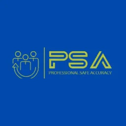 Logo firmy z trzema schematycznymi postaciami w okręgu ze strzałką, pionową linią oraz napisem PSA Professional Safe Accuracy w kolorze żółto-zielonym na niebieskim tle.