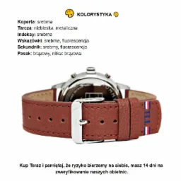 Zegarek Tommy Hilfiger z brązowym paskiem i srebrną kopertą, widok z tyłu z wyraźnie widocznym zapięciem i logo na pasku, prezentowany w Sokołowie Podlaskim.