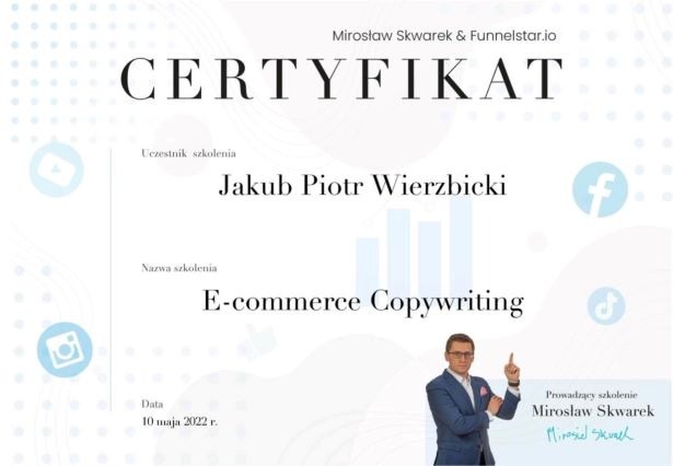 Certyfikat ze szkolenia odnośnie tworzenia opisów do sklepów internetowych zgodnie z SEO.