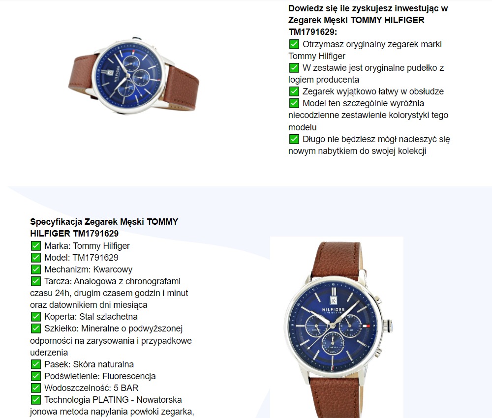 Dwa ujęcia zegarka męskiego Tommy Hilfiger TM1791629: jedno z boku na białym tle, drugie z przodu z widoczną specyfikacją techniczną, oba z brązowym skórzanym paskiem i granatową tarczą...