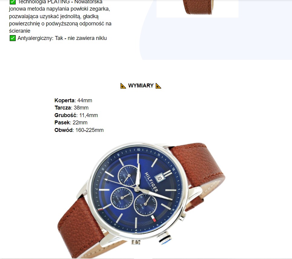 Zegarek Tommy Hilfiger z brązowym skórzanym paskiem i granatową tarczą, widoczny pod kątem, prezentujący detale chronografu i srebrną kopertę.