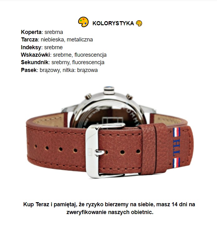 Zegarek Tommy Hilfiger z brązowym paskiem i srebrną kopertą, widok z tyłu z wyraźnie widocznym zapięciem i logo na pasku, prezentowany w Sokołowie Podlaskim.