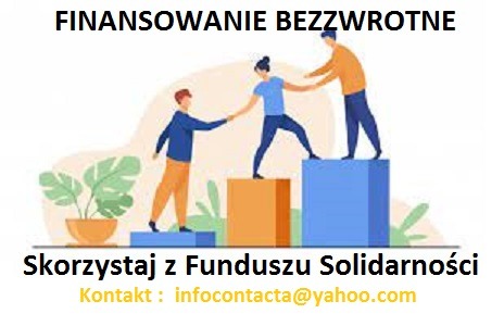 Ilustracja przedstawiająca trzech ludzi pomagających sobie nawzajem wspiąć się na bloki symbolizujące rozwój, z napisem 'Finansowanie Bezzwrotne' i 'Skorzystaj z Funduszu Solidarności' oraz adresem...