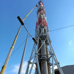 Wysoki, stalowy komin przemysłowy z czerwoną i białą kratownicą, widziany z dołu na tle błękitnego nieba, z wysięgnikiem żółtego dźwigu w trakcie prac konserwacyjnych lub naprawczych na wysokości.