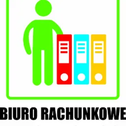 Graficzna reprezentacja biura rachunkowego: zielona sylwetka osoby stojącej obok trzech kolorowych segregatorów (czerwony, niebieski, żółty) w zielonej ramce, poniżej napis 'BIURO RACHUNKOWE'...