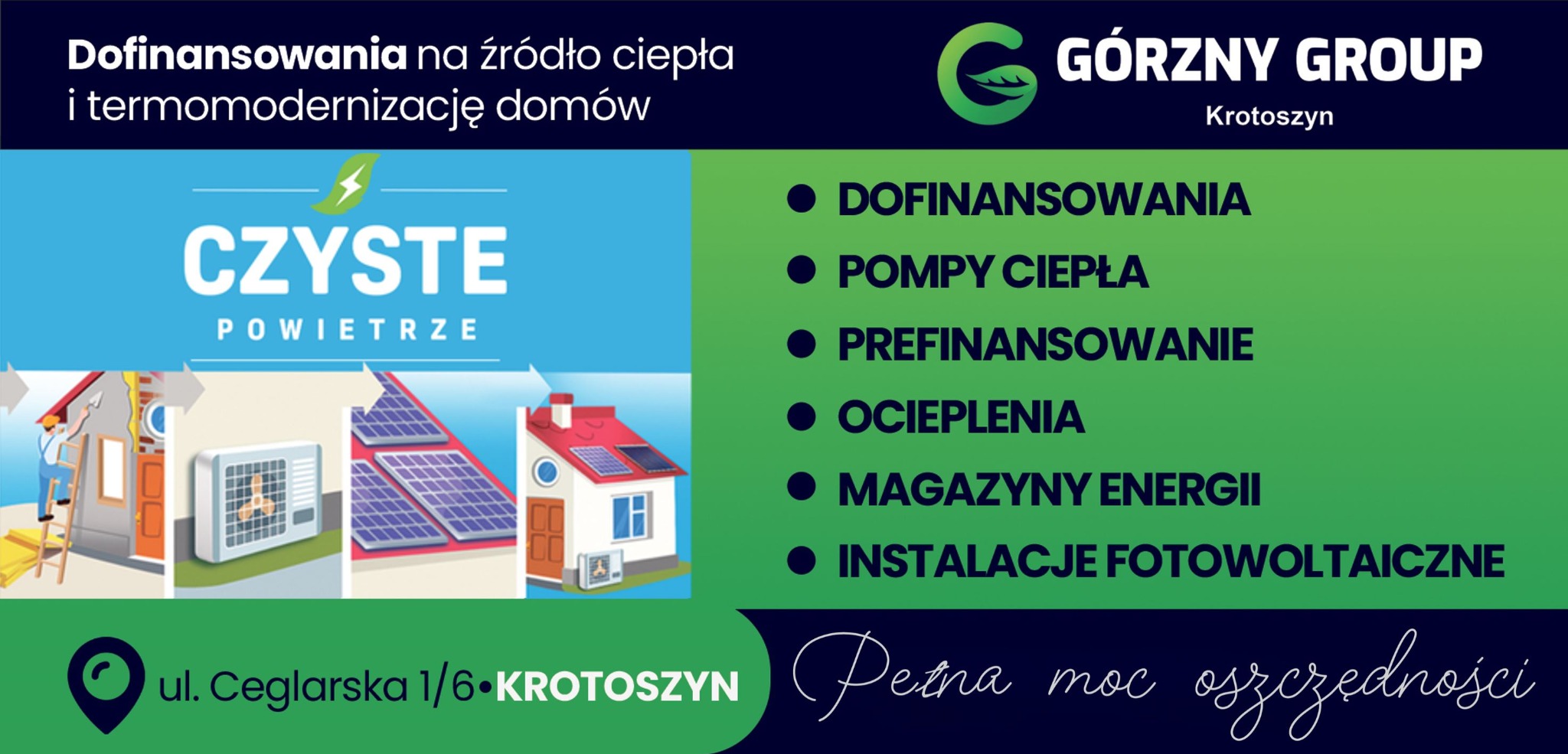 Grafika reklamowa firmy GÓRZNY GROUP z Krotoszyna, oferującej dofinansowania na źródła ciepła i termomodernizację, ilustrująca ocieplenie, pompę ciepła i instalację fotowoltaiczną na domach.