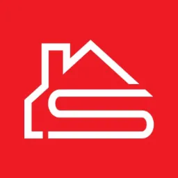 Białe logo firmy budowlanej przedstawiające uproszczony zarys domu połączony z literą 'S' na intensywnym czerwonym tle.