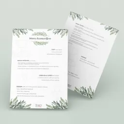 Dwa wydrukowane, eleganckie menu komunijne z zielonym motywem roślinnym, leżące na jasnym tle, z widocznym logo restauracji Gino's Pizza & Pasta.