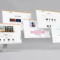 Wizualizacja responsywnego projektu strony internetowej www.pronoobiotics.com na kilku ekranach, prezentująca różne podstrony, w tym sklep z produktami naturalnymi i informacje o mikrobiomie.