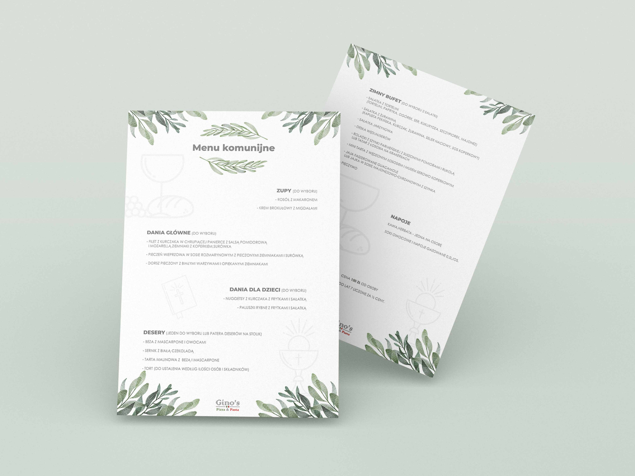 Dwa wydrukowane, eleganckie menu komunijne z zielonym motywem roślinnym, leżące na jasnym tle, z widocznym logo restauracji Gino's Pizza & Pasta.