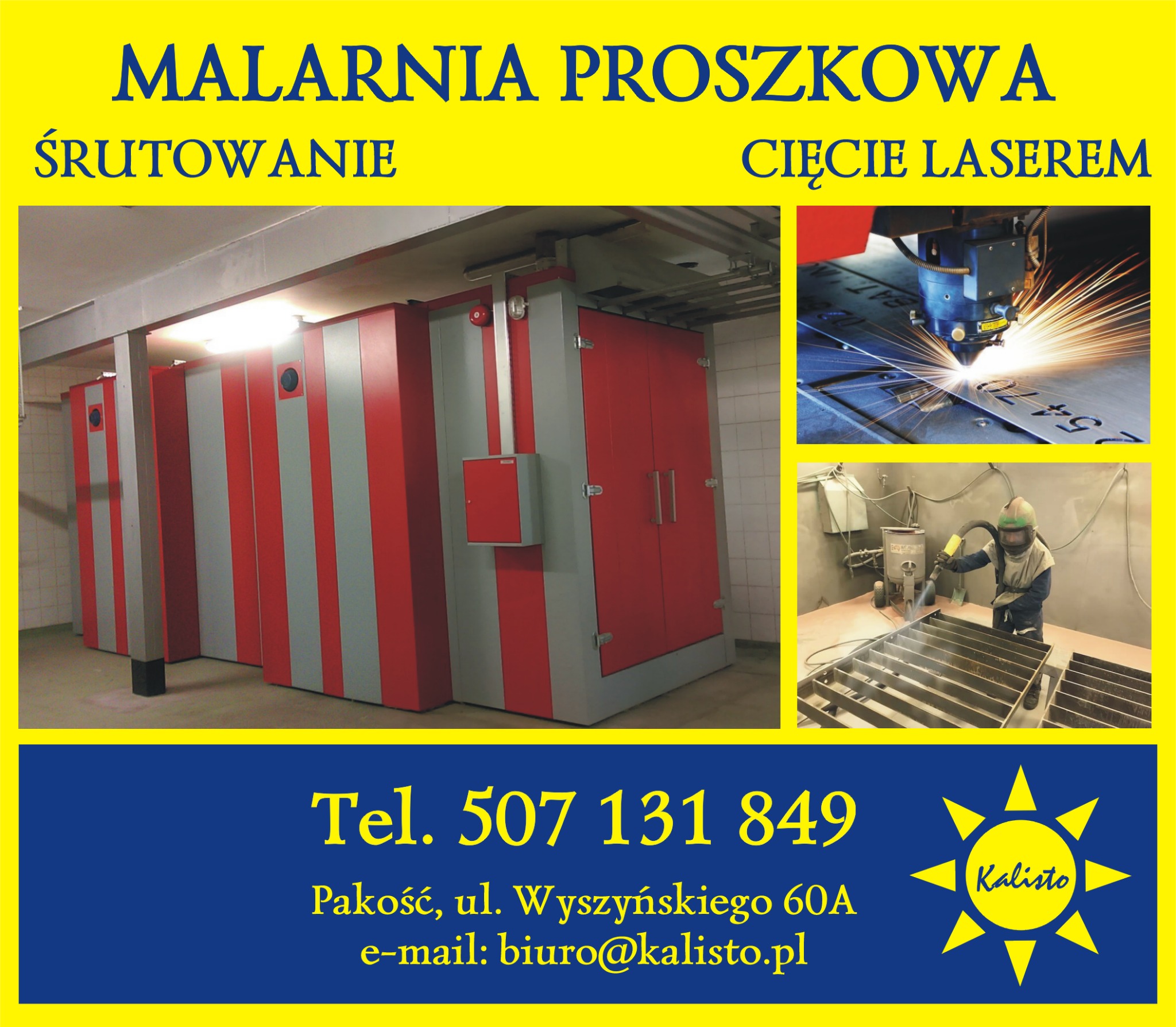 Malarnia proszkowa Kalisto: Kabiny do malowania proszkowego w czerwono-szare pasy, cięcie laserowe metalu z iskrami, piaskowanie metalowych elementów w komorze.