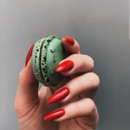 Dłoń z długimi, czerwonymi paznokciami w kształcie migdała trzyma zielony makaronik na szarym tle.