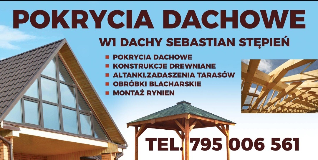Pokrycia dachowe: dom z brązowym dachem, drewniana altana i konstrukcja dachu w budowie. Oferta firmy dekarskiej z numerem telefonu.