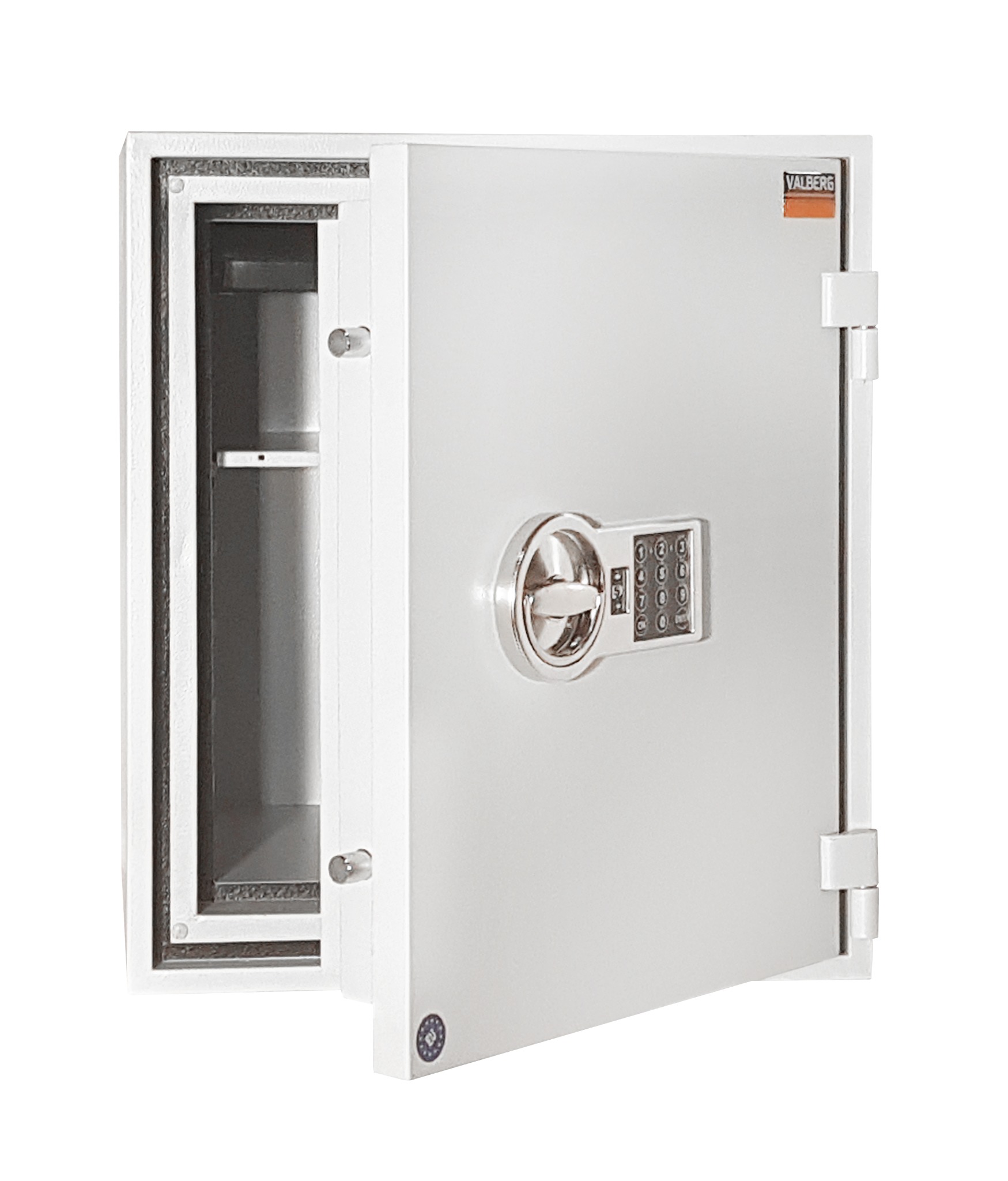 Otwarty sejf ścienny marki Valberg z elektronicznym zamkiem szyfrowym, widoczne półki wewnątrz, biała obudowa.