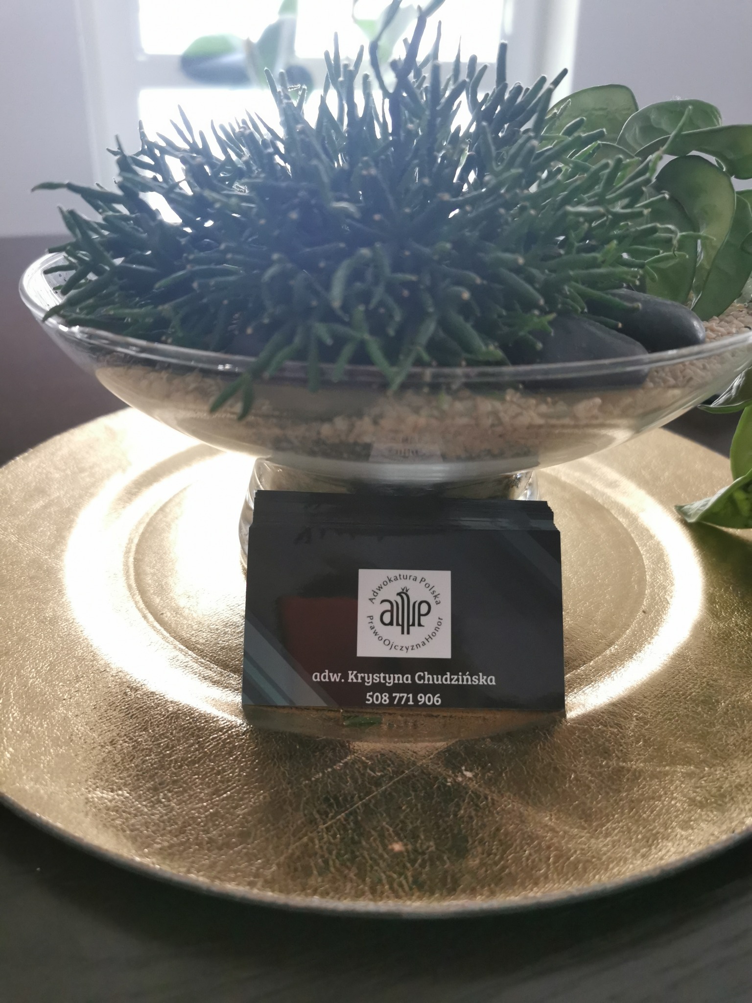 Wizytówka adwokat Krystyny Chudzińskiej na złotym talerzu dekoracyjnym z rośliną w szklanej misie.