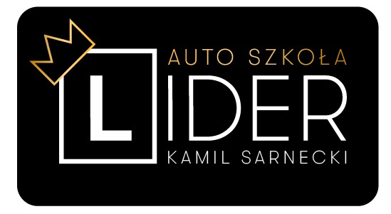 Logo auto szkoły Lider Kamil Sarnecki z koroną nad literą L na czarnym tle.