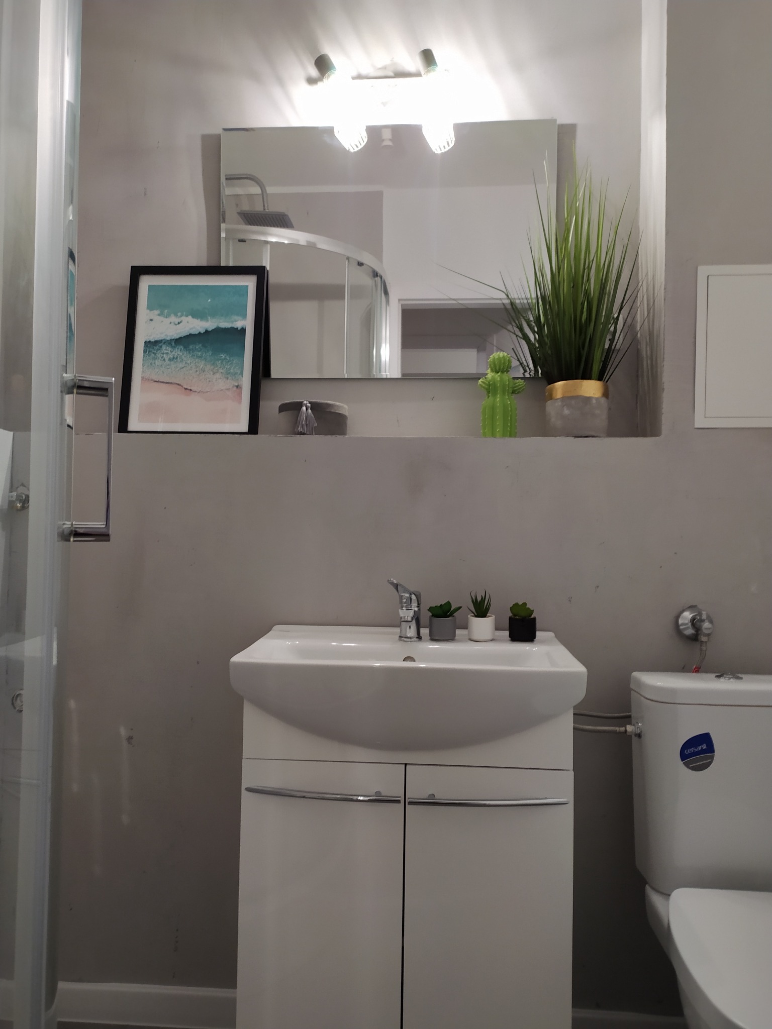 Szara łazienka z białą umywalką z szafką, toaletą i lustrem, udekorowana roślinami doniczkowymi i obrazkiem z motywem morskim.