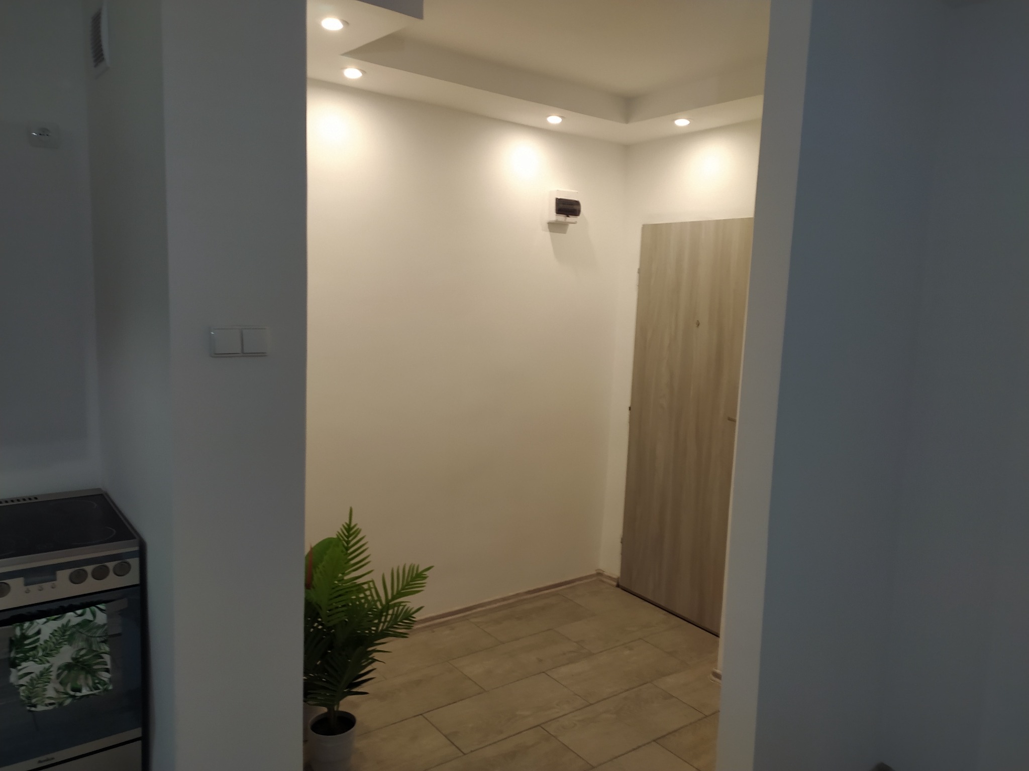 Wnętrze mieszkania po remoncie: białe ściany z oświetleniem punktowym, jasna podłoga z płytek, drzwi wewnętrzne, roślina doniczkowa i fragment kuchenki z ręcznikiem w tropikalne liście.