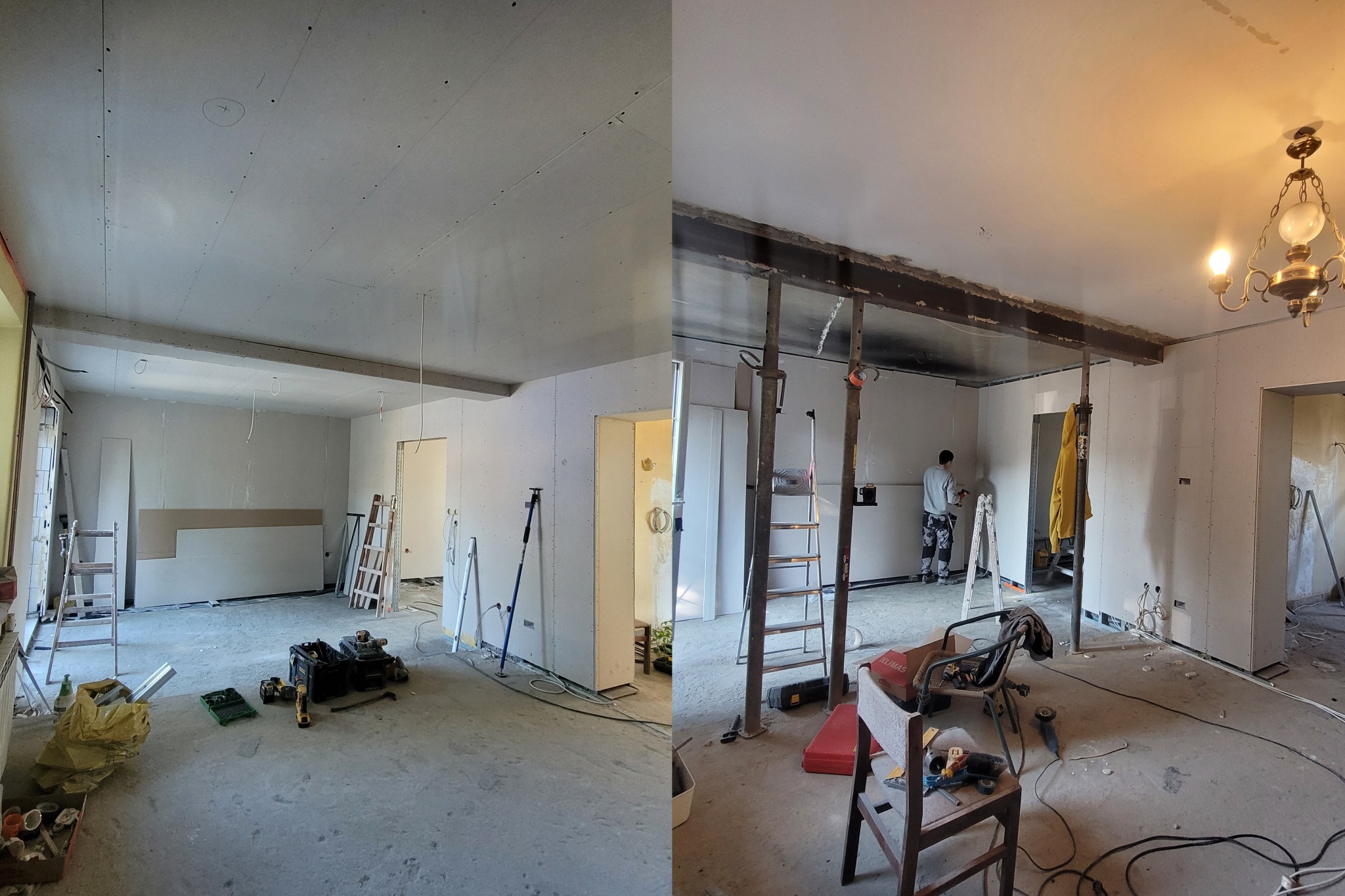 Dwa ujęcia tego samego pomieszczenia w trakcie prac: po lewej surowy stan z płytami gipsowymi, po prawej wzmocnienie konstrukcji stalową belką podtrzymywaną stemplami budowlanymi, widoczny...