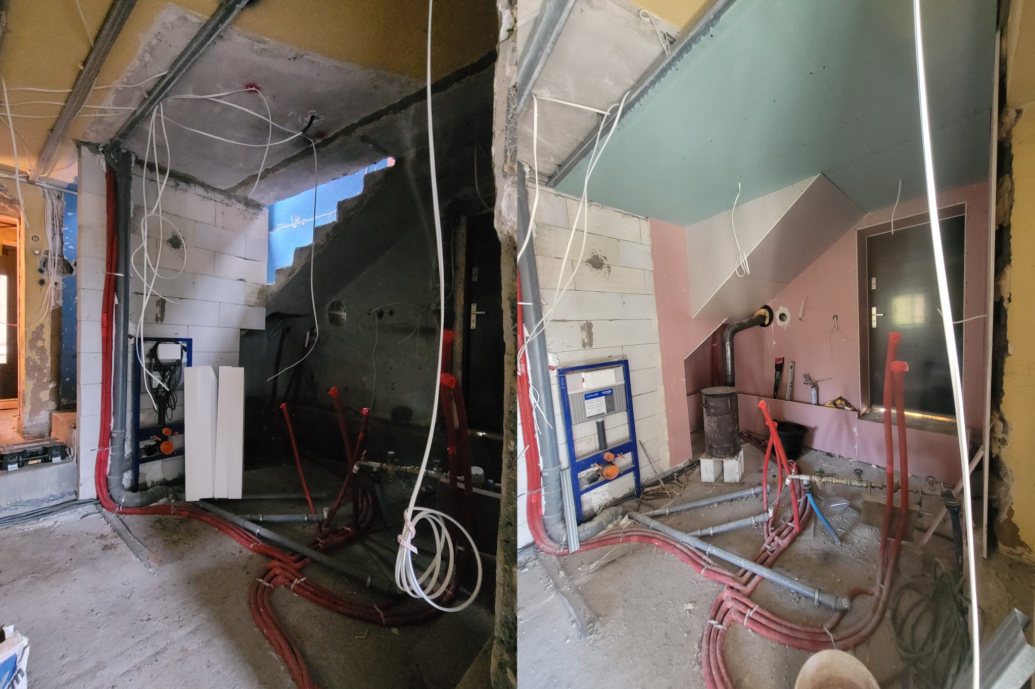 Dwa ujęcia wnętrza w trakcie prac instalacyjnych: po lewej surowy stan z instalacjami sanitarnymi i elektrycznymi oraz ścianami z bloczków, po prawej pomieszczenie z częściowo zamontowaną płytą...