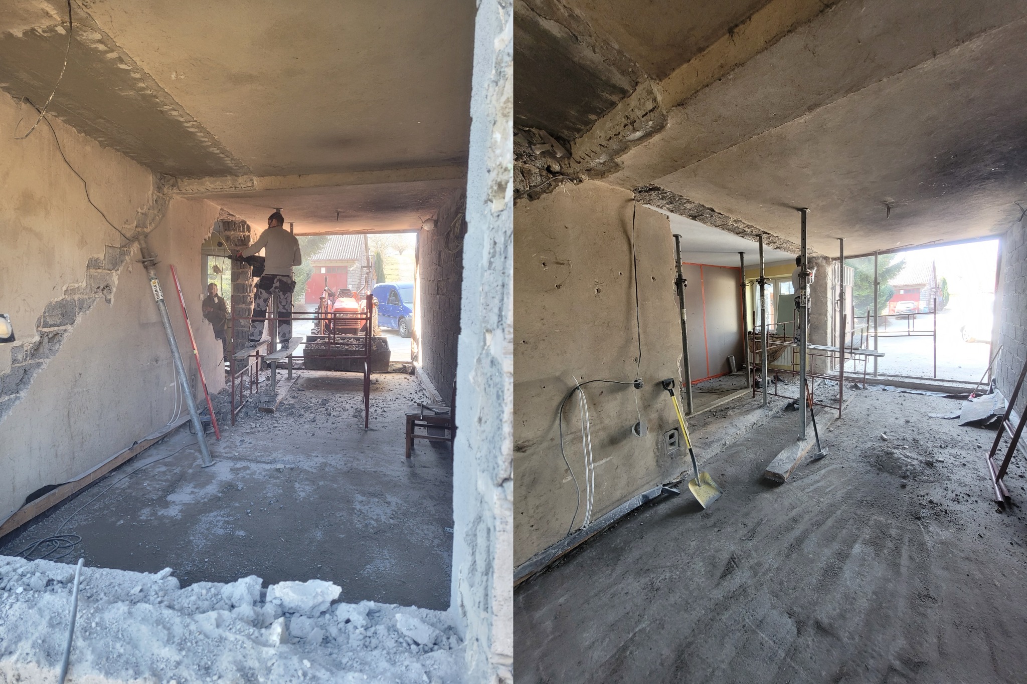 Demontaż fragmentu ściany w trakcie remontu, widoczne rusztowania, gruz i narzędzia w surowym wnętrzu z odsłoniętymi przewodami elektrycznymi.