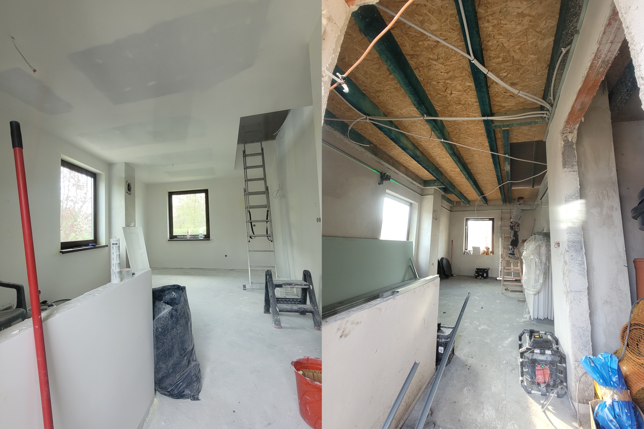 Dwa ujęcia wnętrza w trakcie prac: po lewej pokój z częściowo zamontowaną płytą gipsową na suficie, widoczne okna, drabina i narzędzia; po prawej surowy strop z drewnianą konstrukcją, instalacje...
