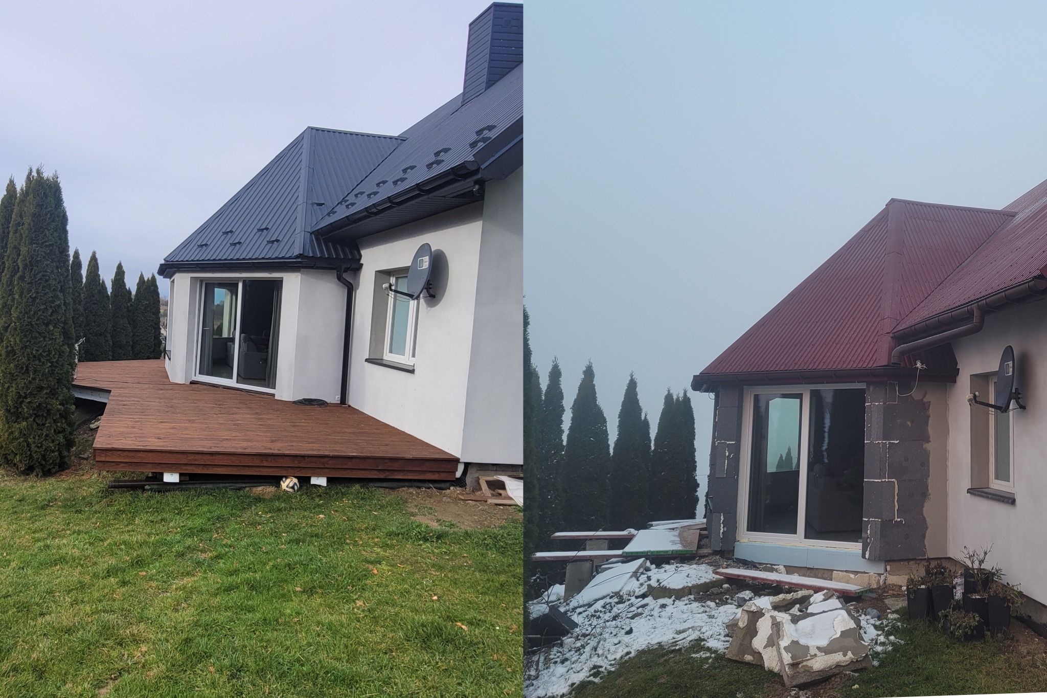 Dom w Tenczynku z drewnianym tarasem i nowym oknem, widoczne dwie fazy: ukończony taras i okno oraz okno w trakcie montażu z ociepleniem zewnętrznym.