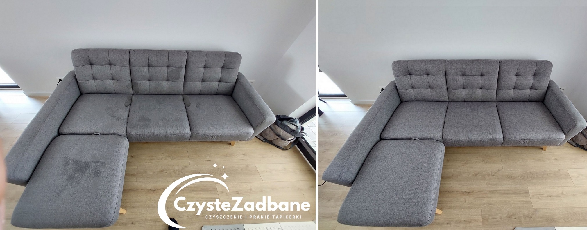 Szara sofa modułowa z widocznymi plamami przed i po czyszczeniu, na jasnej podłodze, z logo firmy w rogu.