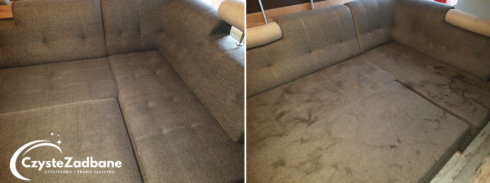 Porównanie fragmentu narożnika tapicerowanego tkaniną w odcieniach szarości przed i po czyszczeniu, z widocznymi plamami po prawej stronie i wyraźną poprawą wyglądu po lewej stronie, z logo firmy...