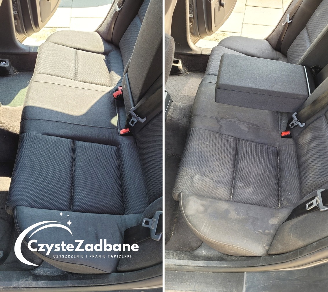 Porównanie tylnej kanapy samochodowej przed i po czyszczeniu, widoczne znaczne różnice w czystości tapicerki.