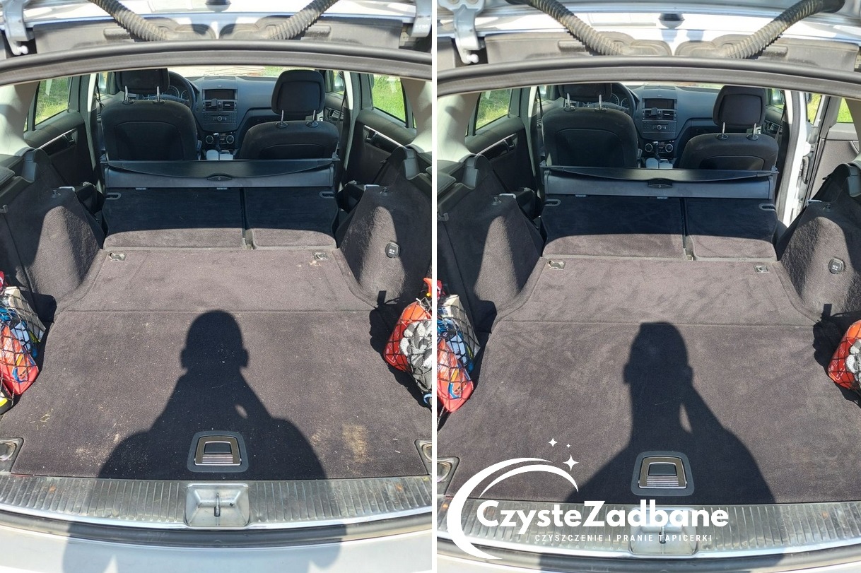 Porównanie bagażnika samochodu kombi przed i po czyszczeniu tapicerki, widoczne różnice w odświeżeniu materiału i usunięciu zabrudzeń, z torbą na zakupy po prawej stronie.