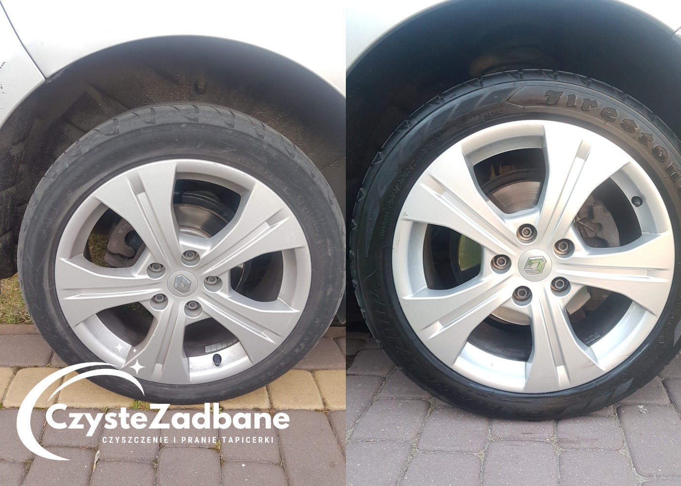 Porównanie: Koło Renault przed i po umyciu. Po lewej zabrudzone, po prawej czyste, z błyszczącą oponą Firestone.