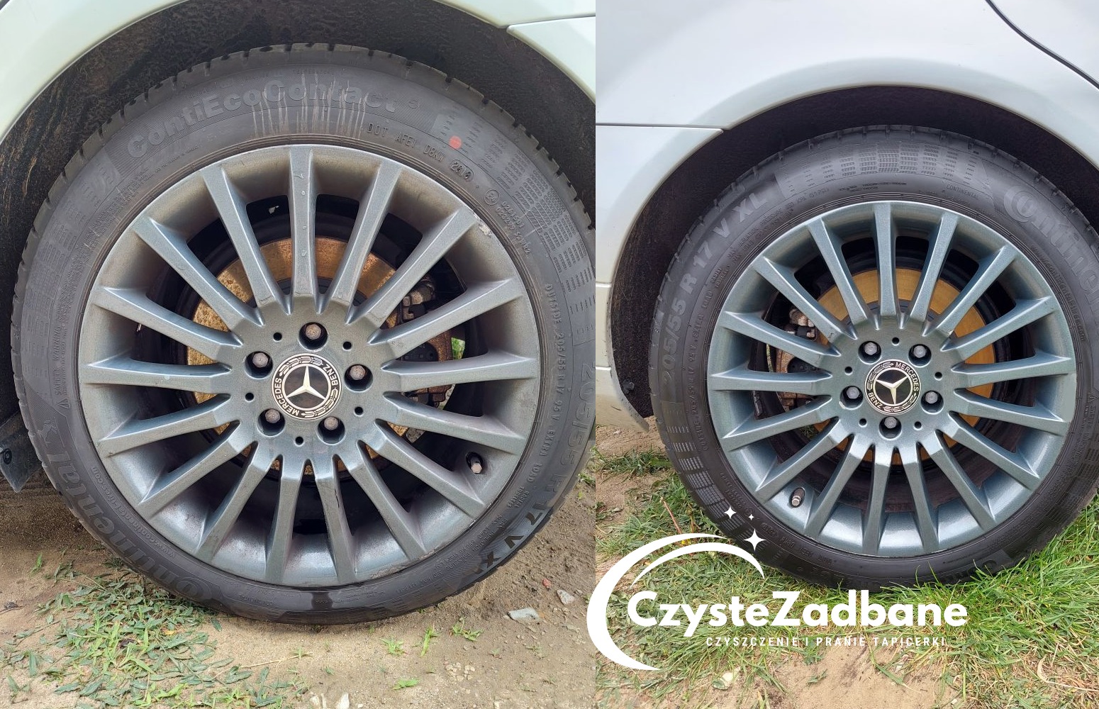 Porównanie koła Mercedes-Benz przed i po czyszczeniu, felga w kolorze szarym, widoczne ślady brudu na lewym kole, prawe koło lśniące, logo firmy czyszczącej w prawym dolnym rogu.