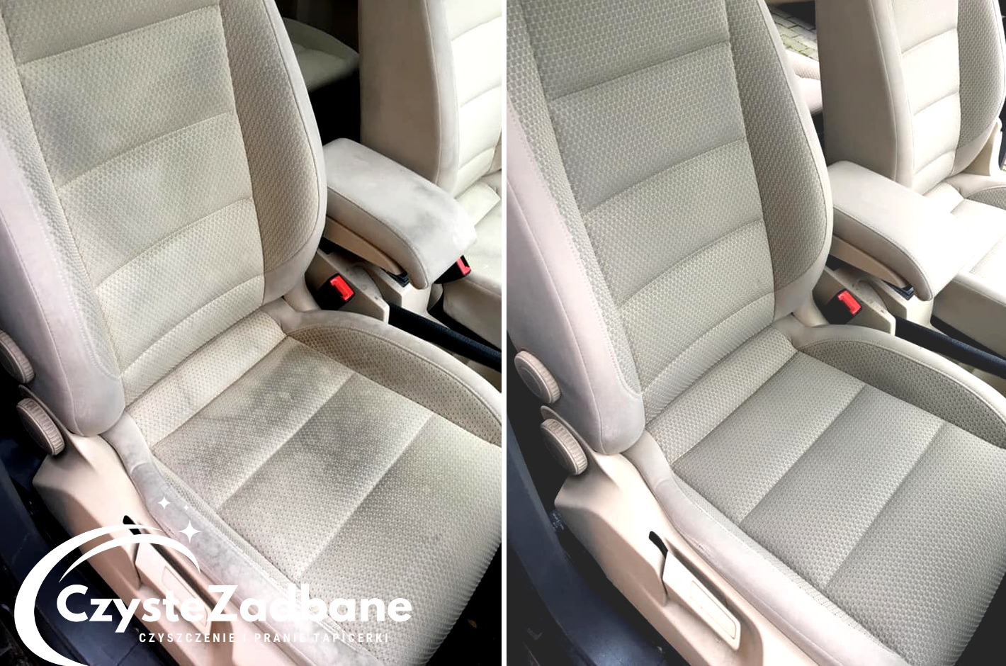 Tapicerka fotela samochodowego przed i po czyszczeniu, widoczne wyraźne różnice w czystości i odświeżeniu koloru, beżowa tkanina z delikatną fakturą.