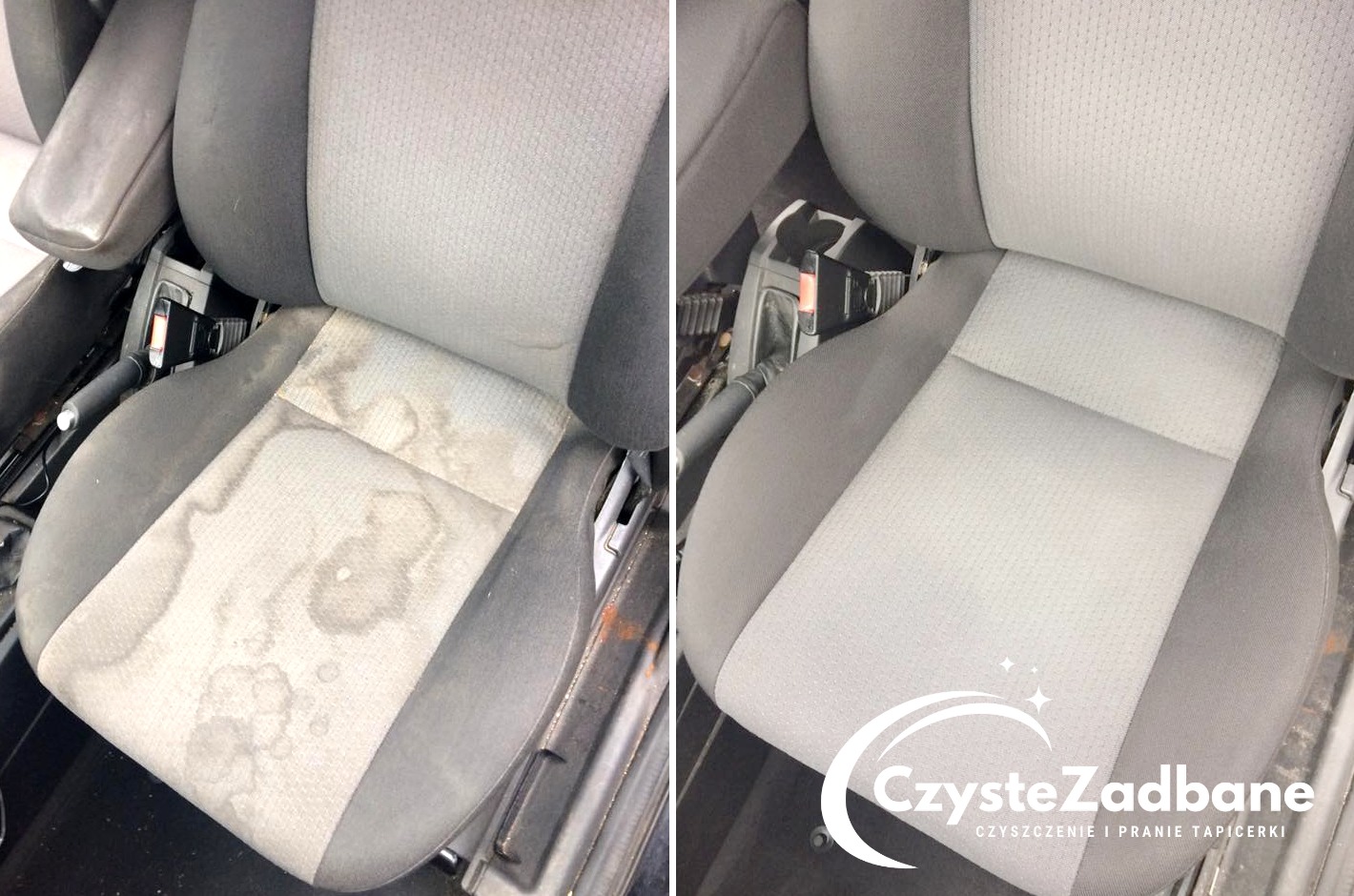 Porównanie fotela samochodowego przed i po czyszczeniu tapicerki, widoczne plamy i zabrudzenia usunięte, po prawej stronie logo firmy czyszczącej.