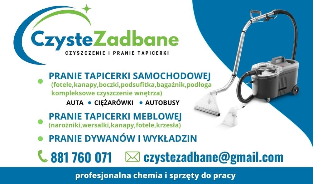 Grafika reklamowa firmy CzysteZadbane, oferującej usługi prania tapicerki samochodowej i meblowej oraz dywanów, z numerem telefonu i adresem e-mail, obok przedstawiony odkurzacz piorący.