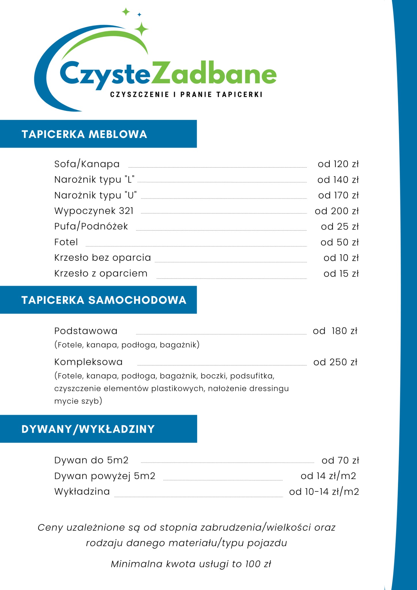 Cennik usług czyszczenia i prania tapicerki meblowej, samochodowej oraz dywanów i wykładzin z podziałem na rodzaje mebli i metraż, z logo firmy CzysteZadbne.