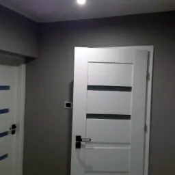 Szare ściany w korytarzu, dwie białe, nowoczesne drzwi z czarnymi klamkami, jedna z poziomymi, niebieskimi paskami, oświetlenie sufitowe.