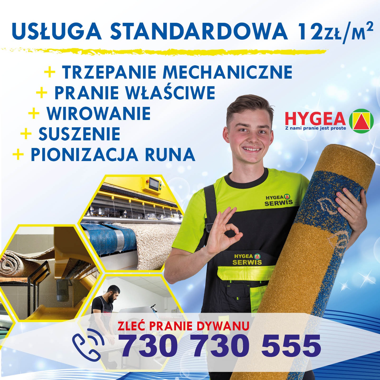 Usługi standardowe: >Trzepanie dywanów > Pranie właściwe >Wirowanie >Suszenie >Pionizacja runa