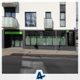 Fasada budynku z oknami PCV, drzwiami i roletami zewnętrznymi, z widocznym szyldem firmy oferującej te usługi.