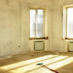 Pokój w trakcie przygotowania do malowania z widocznym wałkiem do malowania na podłodze, surowe ściany i okna zabezpieczone folią.